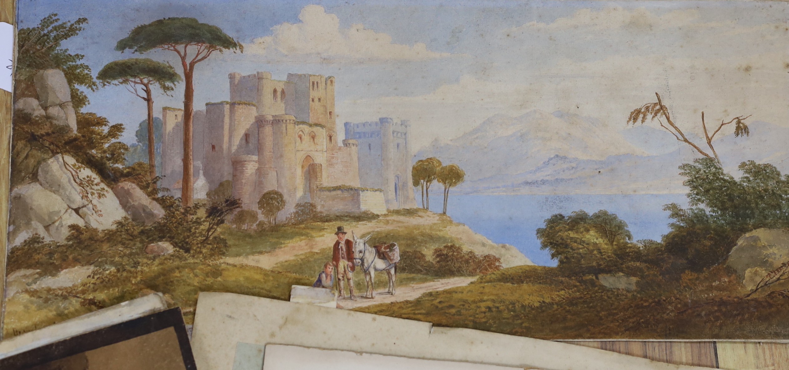 A group of assorted paintings and prints, mostly 19th century, Topographical scenes and figure studies including an oil on board view of a village and church by Joseph Horlor, 21.5 x 35cm, all unframed